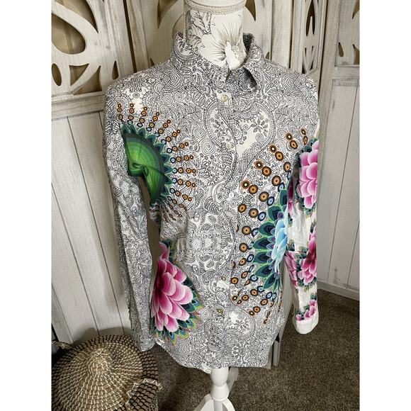 Desigual Colorful Print Long Sleeve Top Button Y2K 90s Artsy Size XL Fitted - Picture 1 of 6